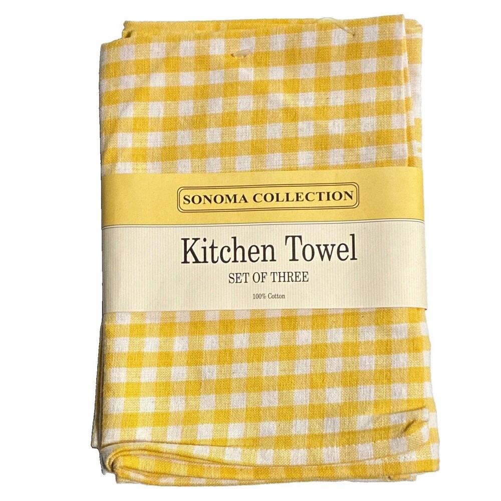 Sonoma Collection Kitchen Towels Set of 3 Yellow/White Check 100% Cotton NWT